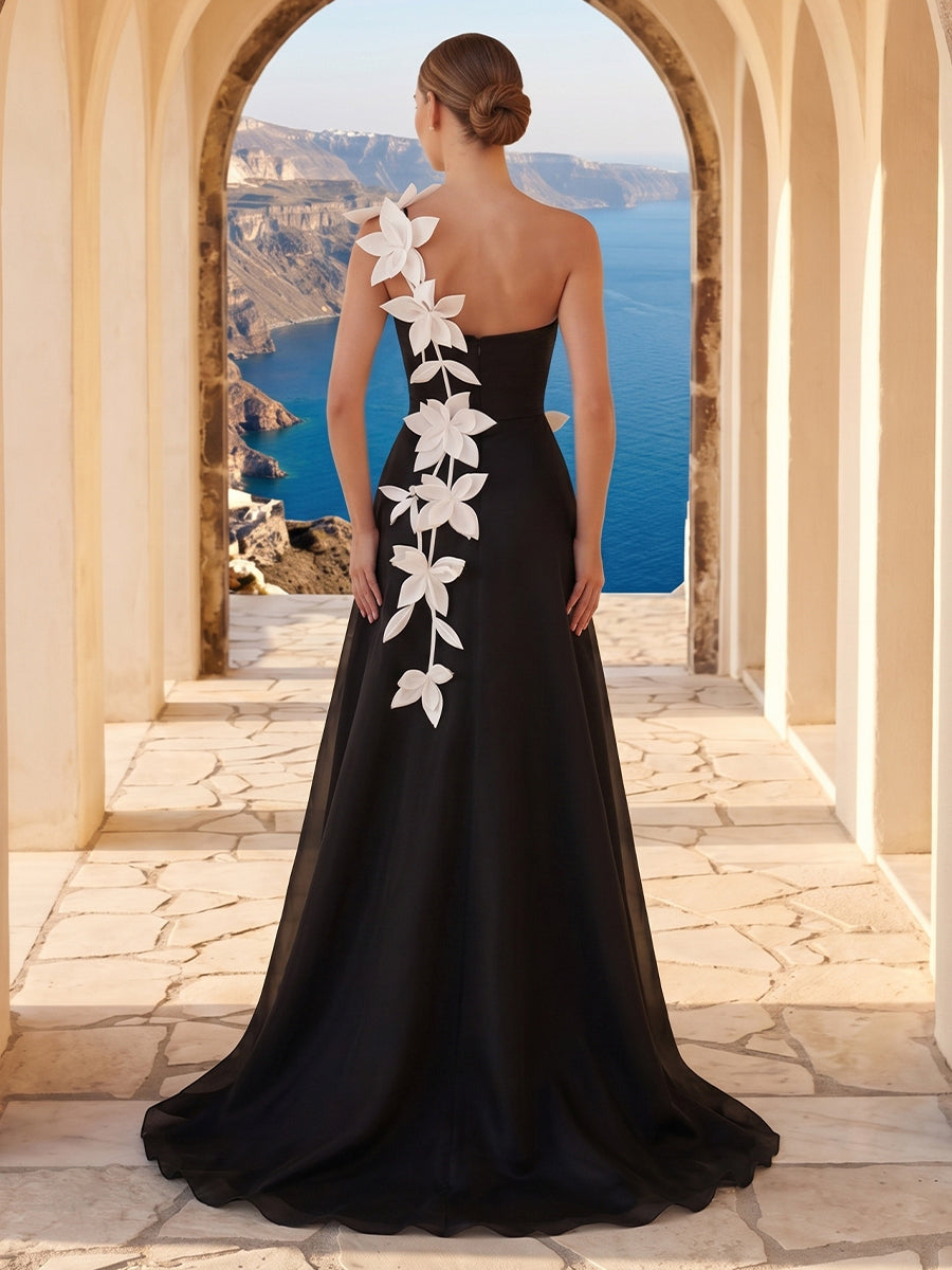 A Line One Shoulder Sleeveless Long Formal Dresses with Flower