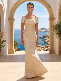 Mermaid Square Neck Short Sleeves Long Formal Dresses