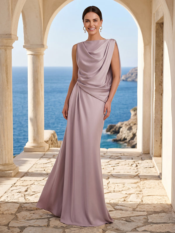 Satin Mermaid High Neck Sleeveless Long Formal Dresses