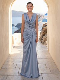 Satin Mermaid Cowl Neck Sleeveless Long Formal Dresses