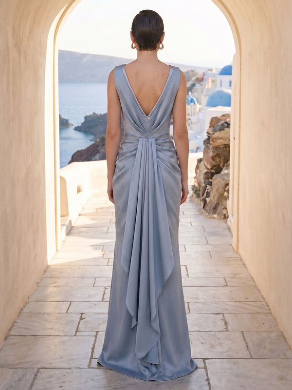 Satin Mermaid Cowl Neck Sleeveless Long Formal Dresses