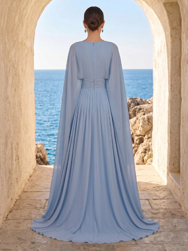 Chiffon A Line Round Neck Long Sleeves Formal Dresses