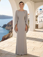 Satin Column Round Neck Sleeveless Long Formal Dresses with Cape