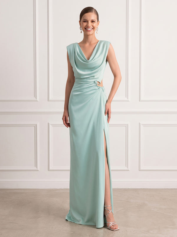 Mermaid Cowl Neck Sleeveless Long Formal Dresses with Slit