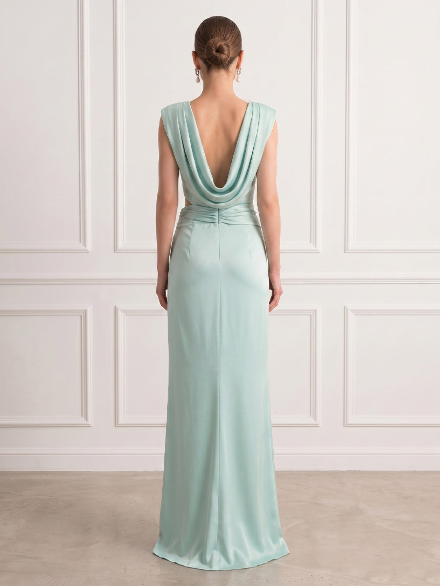 Mermaid Cowl Neck Sleeveless Long Formal Dresses with Slit