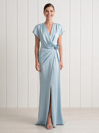 Mermaid V Neck Short Sleeves Long Formal Dresses with Slit