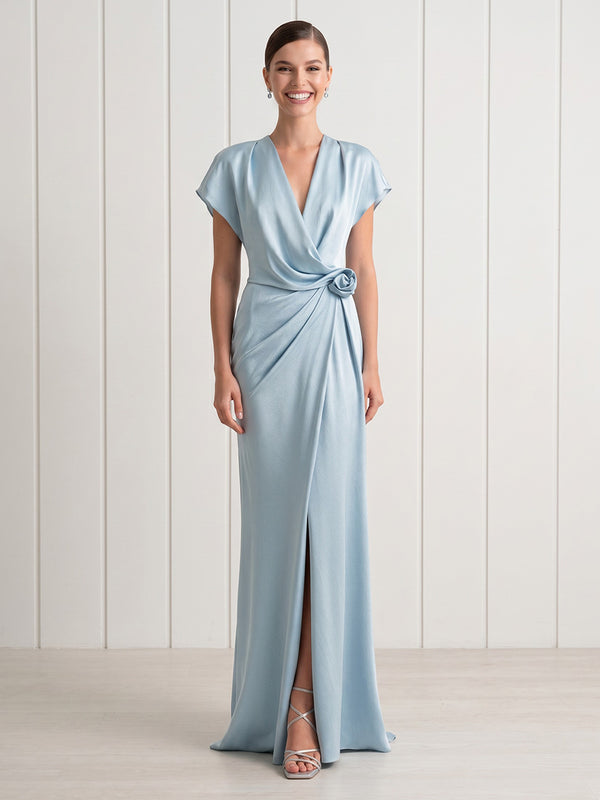 Mermaid V Neck Short Sleeves Long Formal Dresses with Slit