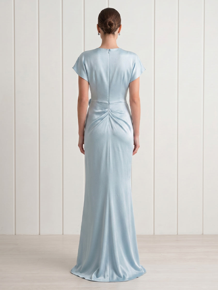 Mermaid V Neck Short Sleeves Long Formal Dresses with Slit