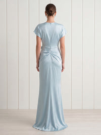 Mermaid V Neck Short Sleeves Long Formal Dresses with Slit
