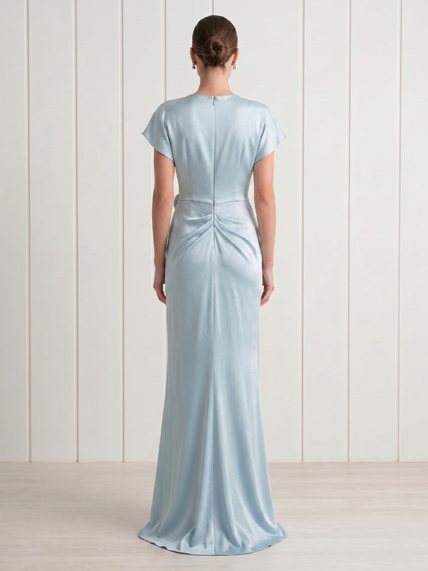Mermaid V Neck Short Sleeves Long Formal Dresses with Slit
