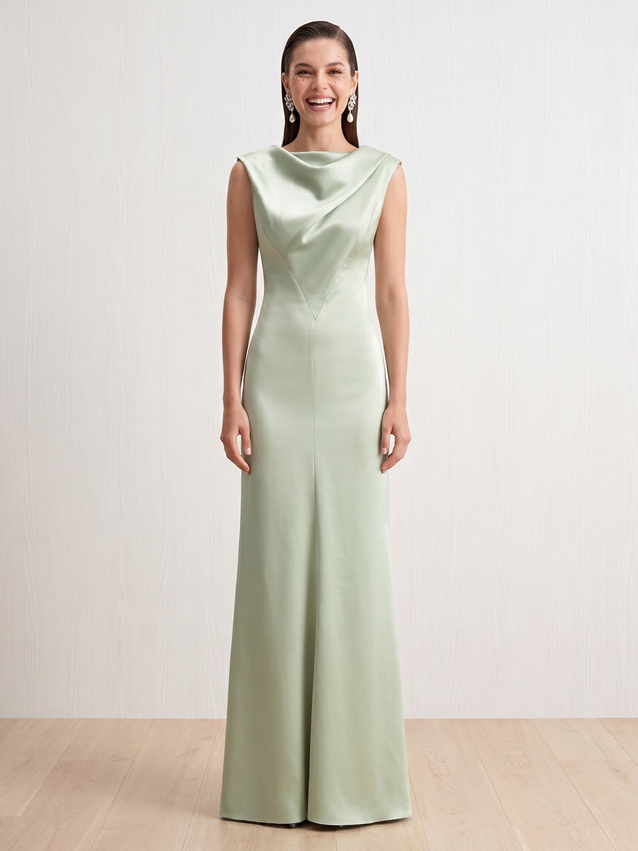 Satin Column Cowl Neck Sleeveless Long Formal Dresses