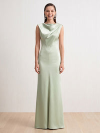 Satin Column Cowl Neck Sleeveless Long Formal Dresses
