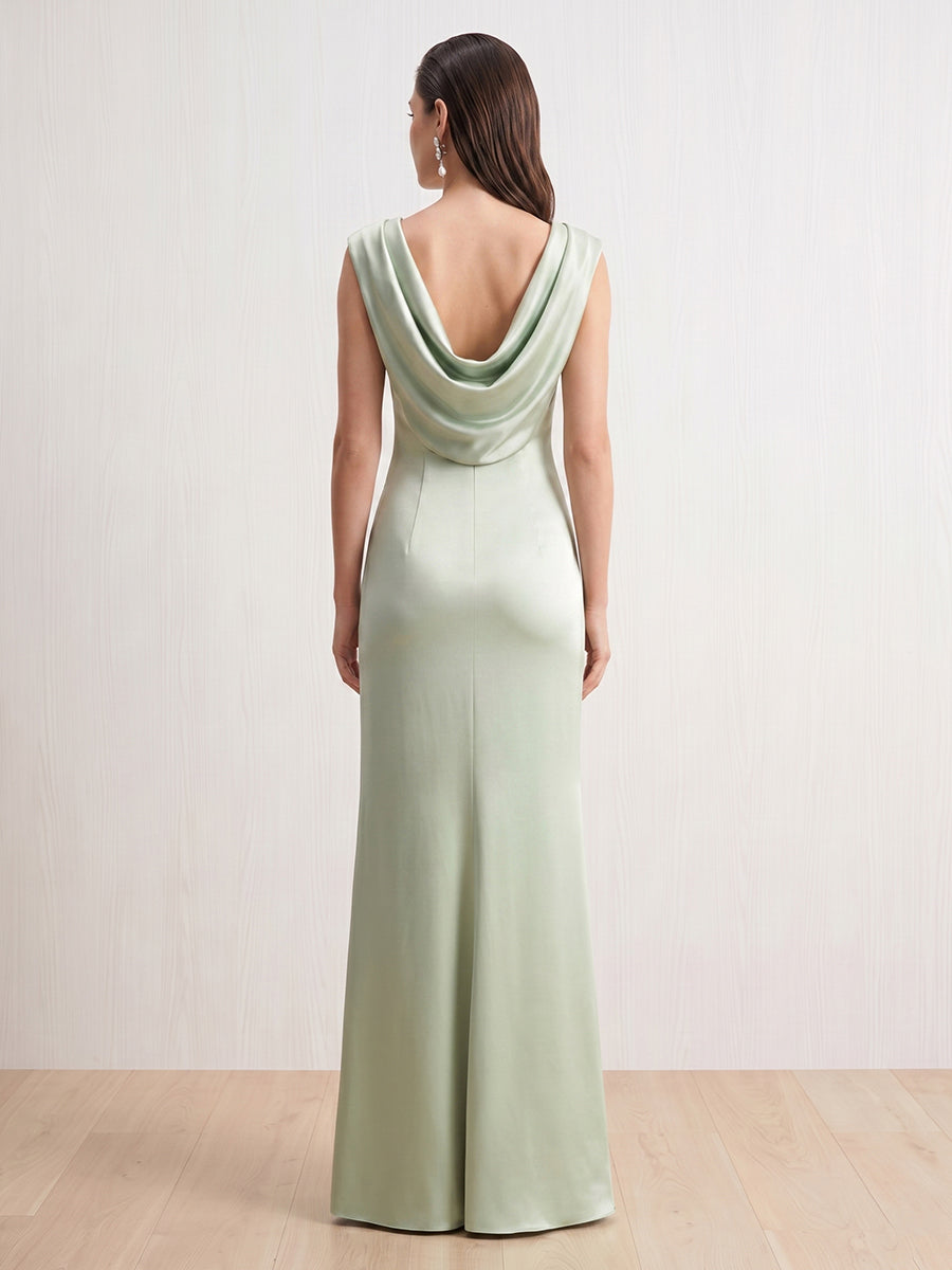 Satin Column Cowl Neck Sleeveless Long Formal Dresses