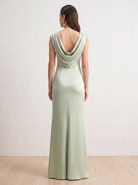 Satin Column Cowl Neck Sleeveless Long Formal Dresses