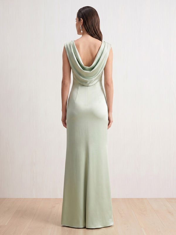 Satin Column Cowl Neck Sleeveless Long Formal Dresses