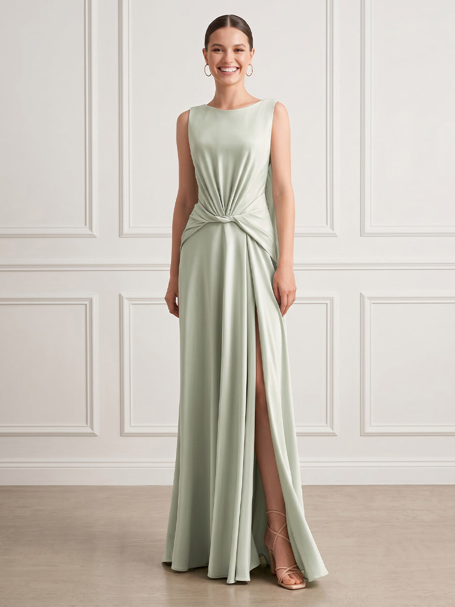 A Line Round Neck Sleeveless Long Formal Dresses with Slit