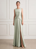 A Line Round Neck Sleeveless Long Formal Dresses with Slit
