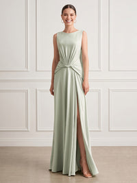 A Line Round Neck Sleeveless Long Formal Dresses with Slit