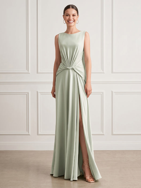 A Line Round Neck Sleeveless Long Formal Dresses with Slit