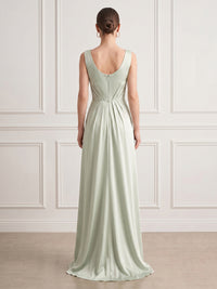 A Line Round Neck Sleeveless Long Formal Dresses with Slit