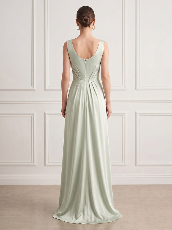 A Line Round Neck Sleeveless Long Formal Dresses with Slit