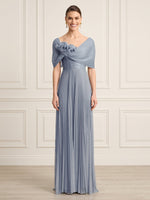 A Line Off Shoulder Sleeveless Long Formal Dresses with Flower