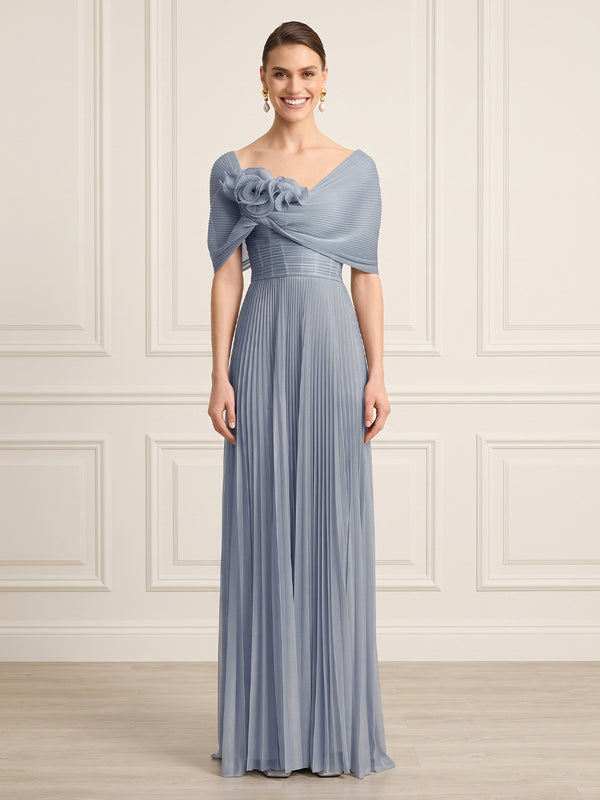 A Line Off Shoulder Sleeveless Long Formal Dresses with Flower