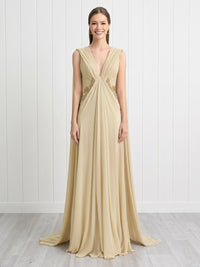 A Line Deep V Neck Sleeveless Long Formal Dresses