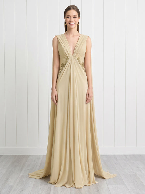 A Line Deep V Neck Sleeveless Long Formal Dresses