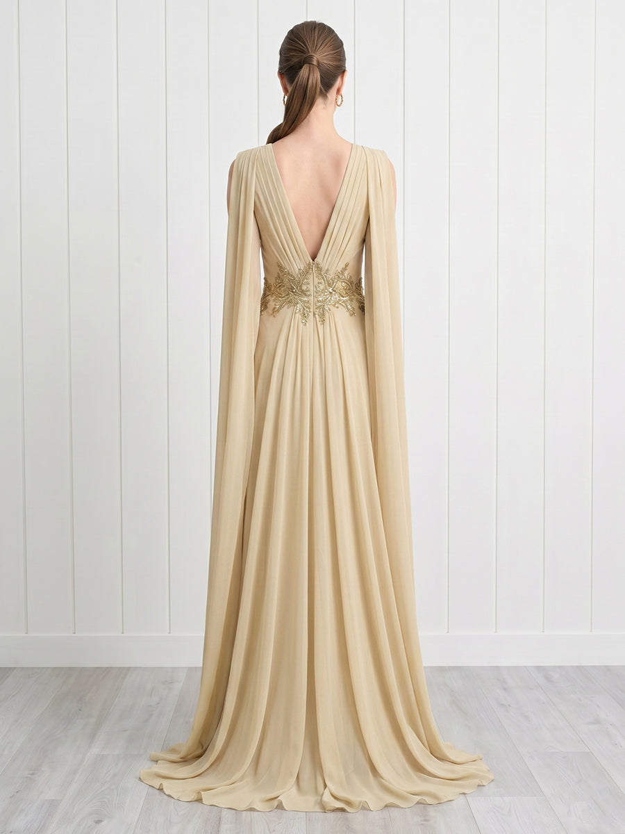 A Line Deep V Neck Sleeveless Long Formal Dresses