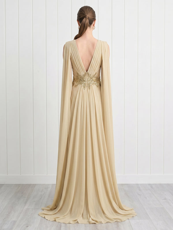 A Line Deep V Neck Sleeveless Long Formal Dresses