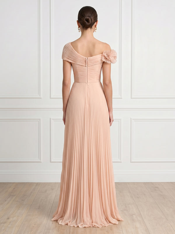 A Line Off Shoulder Sleeveless Long Formal Dresses with Flower