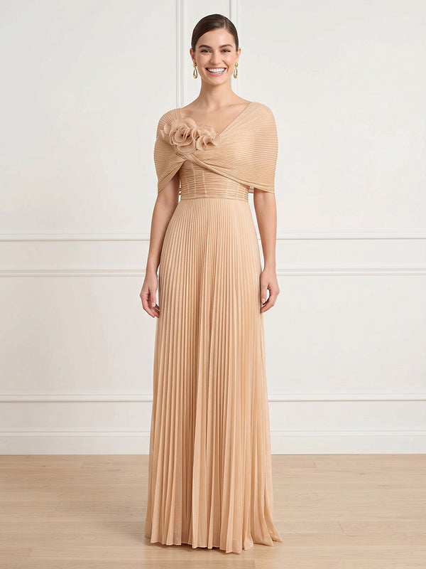 A Line Chiffon Off Shoulder Sleeveless Formal Dresses with Flower
