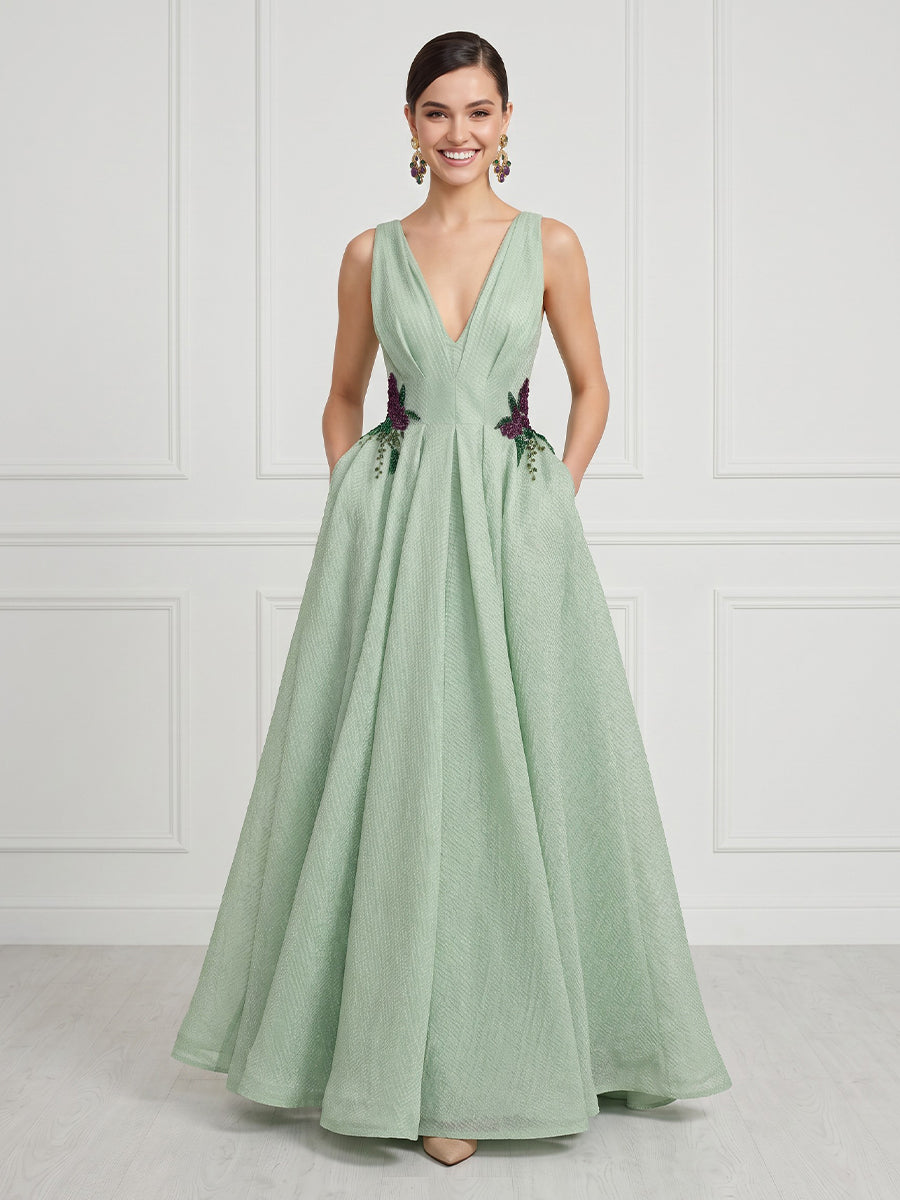 A Line Deep V Neck Sleeveless Formal Dresses with Pockets