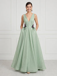 A Line Deep V Neck Sleeveless Formal Dresses with Pockets
