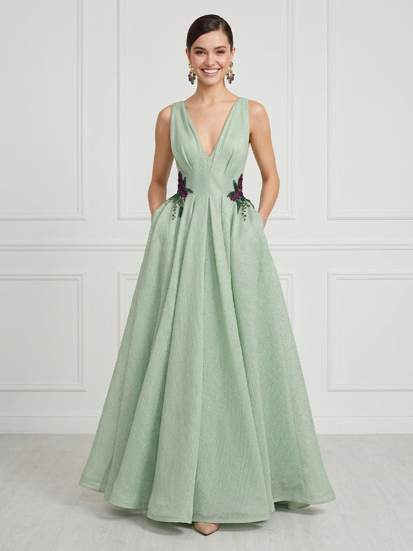 A Line Deep V Neck Sleeveless Formal Dresses with Pockets