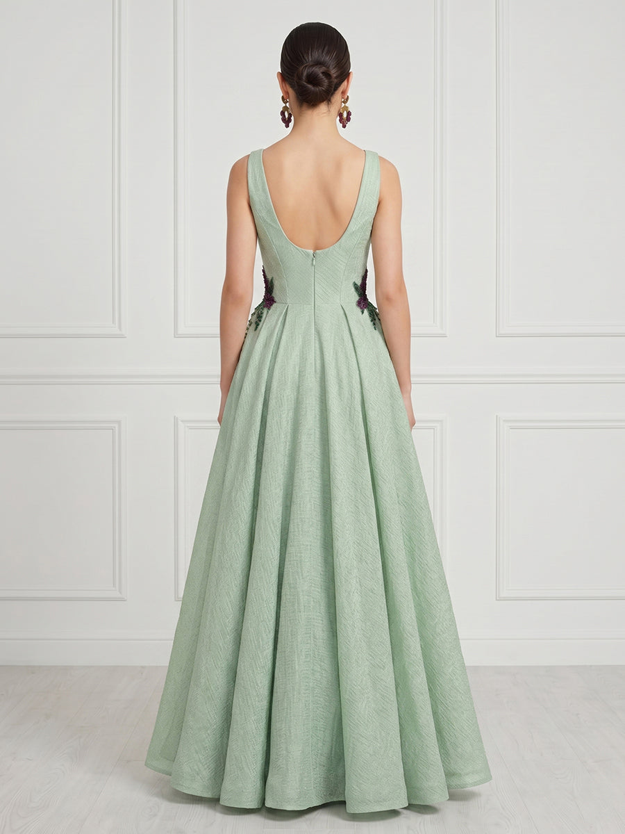 A Line Deep V Neck Sleeveless Formal Dresses with Pockets