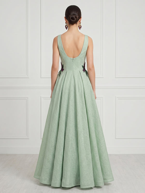 A Line Deep V Neck Sleeveless Formal Dresses with Pockets