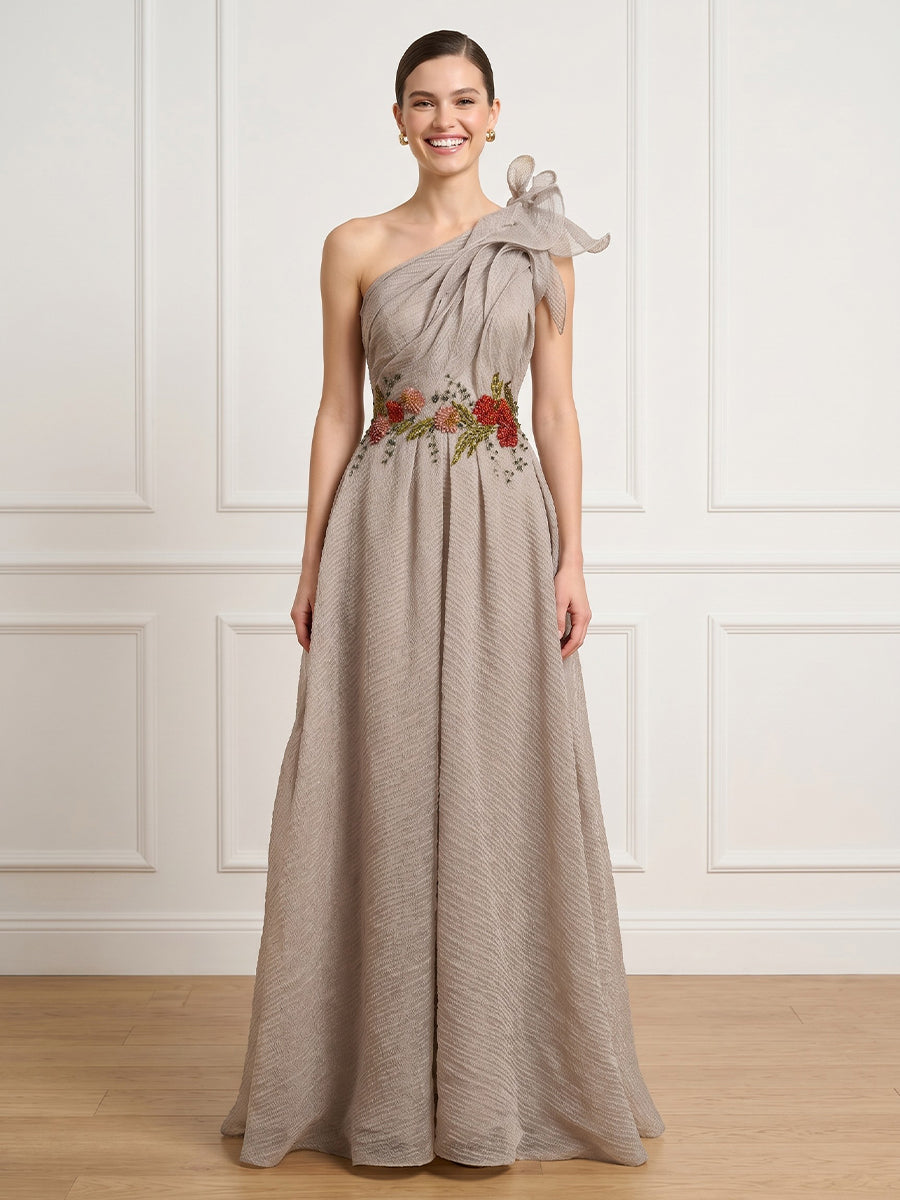 A Line One Shoulder Sleeveless Long Formal Dresses with Bow