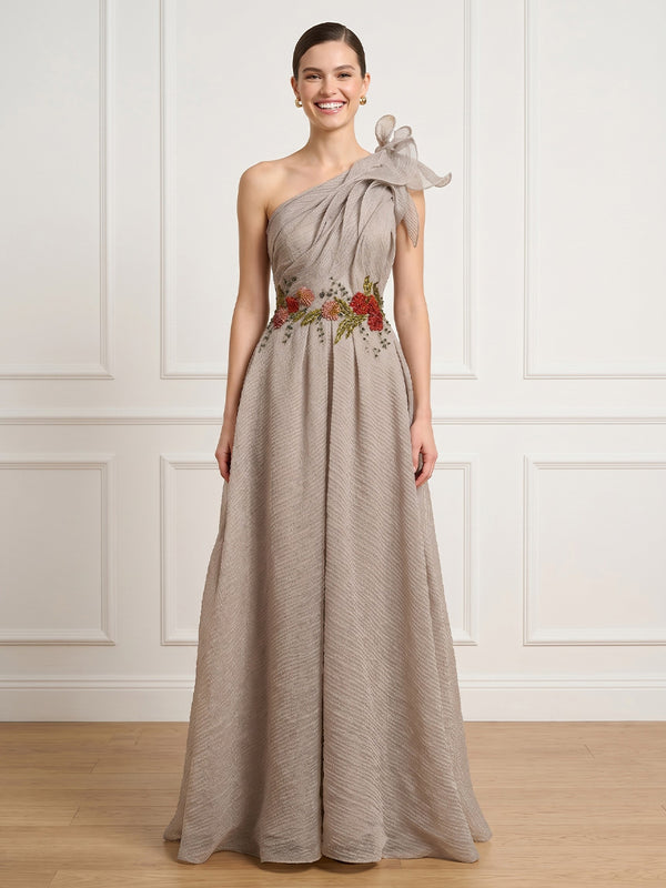 A Line One Shoulder Sleeveless Long Formal Dresses with Bow