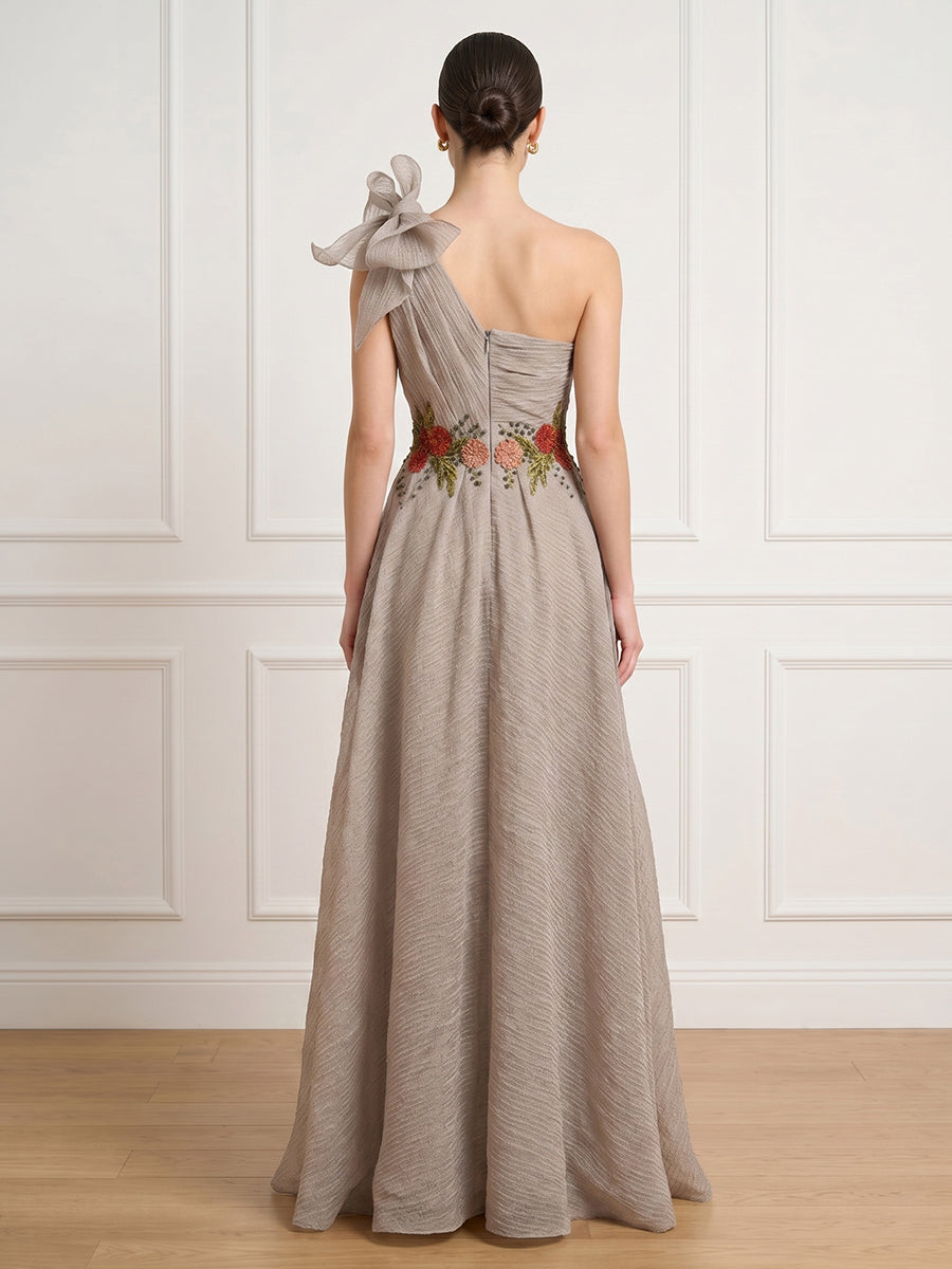A Line One Shoulder Sleeveless Long Formal Dresses with Bow