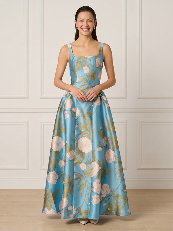 A Line Square Neck Sleeveless Long Formal Dresses
