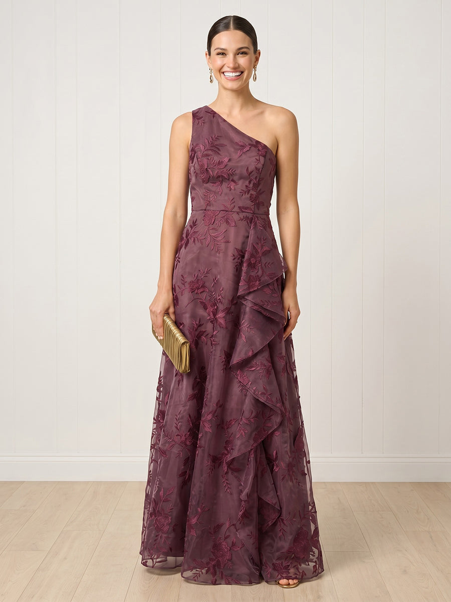 Tulle A Line One Shoulder Long Formal Dresses with Ruffles