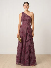 Tulle A Line One Shoulder Long Formal Dresses with Ruffles