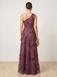 Tulle A Line One Shoulder Long Formal Dresses with Ruffles