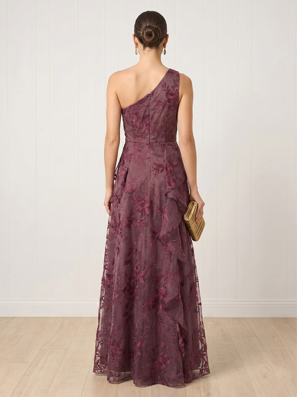 Tulle A Line One Shoulder Long Formal Dresses with Ruffles