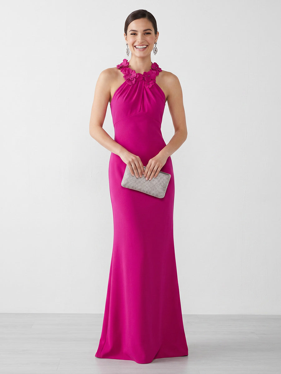 Satin Mermaid Halter Long Formal Dresses with Flowers
