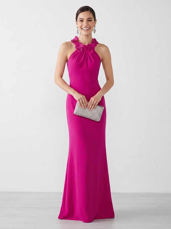Satin Mermaid Halter Long Formal Dresses with Flowers