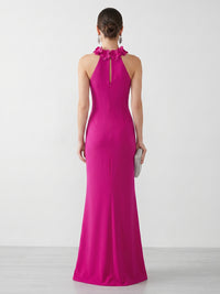 Satin Mermaid Halter Long Formal Dresses with Flowers