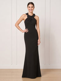 Satin Mermaid Halter Long Formal Dresses with Flowers